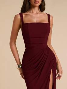 SHEIN BAE Spring/Summer Solid Sage Green Women's Strapless Ruched Fitted High Slit Ruched Maxi Mesh Dress, Tight Elegant Dress, Flowy Dress, Suitable For Vacation, Beach, Bridesmaid, Wedding, Spring/Summer Wear - Burgundy - View 4