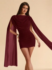 SHEIN BAE 春夏純色淺杏色垂墜領披肩袖修身緊身迷你洋裝，適合浪漫約會、晚宴派對、婚禮雞尾酒會、海灘度假 - 酒紅色 - 查看 5