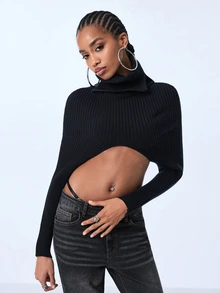 Y2Kool Top de punto corto ultra sexy gótico Y2K baddie casual callejero punk oscuro para mujer con manga larga tipo chal, adecuado para verano, otoño, fiesta, vacaciones en la isla, festival de música, festival de música electrónica, atuendo diario de Halloween - Negro - Ver 4