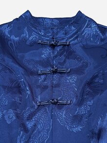 Franclia Spring/Autumn New Chinese Style Navy Blue Dark Pattern Dragon Motif 2 Pieces Set, Stand Collar Frog Button Short Puff Sleeve Top + High Waist A-Line Shorts, Vintage Modified Cheongsam Slimming Commute Travel Outfit - Navy Blue - View 4