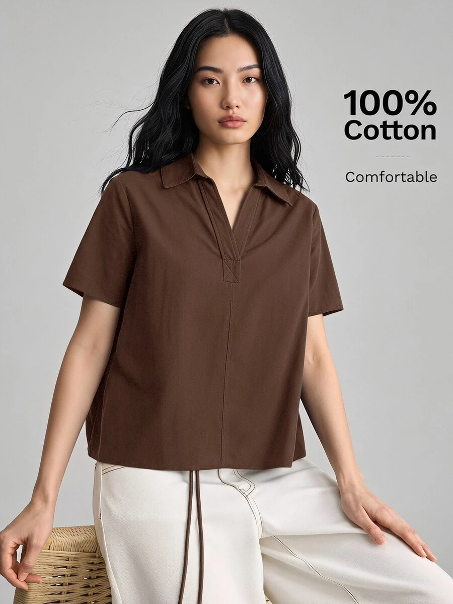 Ontre Women's Solid Color Polo Collar Short Sleeve Shirt, French Elegant Vintage Style, Suitable For Autumn/Winter, Office Commute, Business Workplace, Social Events, Formal Occasions, Halloween, Christmas, New Year, Graduation, Urban Daily Casual - Brown - View 1
