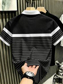 Manfinity Hypemode 復古丹寧風藍白拼接條紋 Polo 衫，馬標印花藝術領短袖上衣，男女款圖案 T 恤，百搭夏季休閒襯衫 - 彩色 - 查看 2
