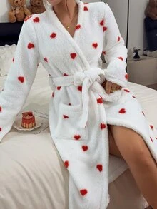 Napfluff Women's Heart Print Soft Plush Comfortable Long Sleeve Robe - Red - View 6