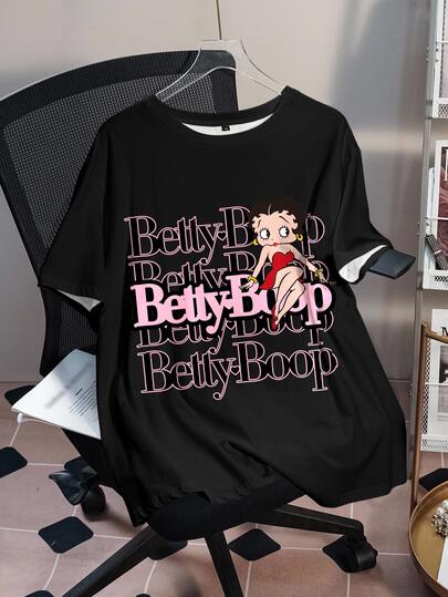 Betty Boop x SHEIN Camiseta de manga corta casual de uso diario con estampado de letras & dibujos animados para mujer de talla grande