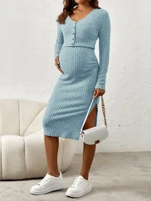 SHEIN 孕婦純色開衩設計細肩帶洋裝與長袖開襟衫休閒兩件套 - 淺藍色 - 查看 4