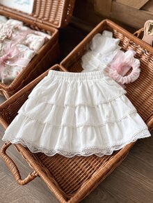 SHEIN 女童 4-7 歲白色棉混紡多層裙，觸感柔軟，時尚甜美，適合學校、外出等多種場合 - 白色 - 查看 2