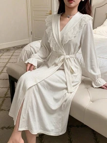 DAZY Women's Lace Patchwork Lapel Tie-Front Long Cardigan Robe Fall - White - View 3