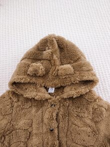 SHEIN Babygirl Fluffy Cute Khaki Hooded Jacket, Versatile Autumn/Winter Style - Khaki - View 5