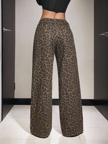 SHEIN PETITE Women's Leopard Print Wide Leg Denim Jeans Night Out Brown Fall Streetwear Casual - Multicolor - View 2