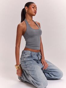 SHEIN BAE 女款針織純色灰色休閒通勤掛脖露背打結性感背心，日常穿著，T恤，寬鬆上衣，外出夜生活夜店夏季 - 深灰色 - 查看 2