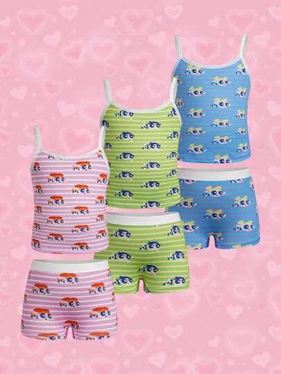 THE POWERPUFF GIRLS X SHEIN Young Girl Striped Cartoon Print Camisole And Four-Corner Panty Casual Underwear Set