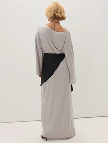 MUSEYN Grey Jersey One Shoulder Loose Fit Drape Mini Dress Date Night Evening Wedding Guest Fall - Beige - View 4