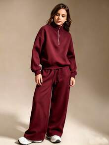 SHEIN 青少年女孩秋季套裝 半拉鍊寬鬆版型運動衫與運動長褲套裝，大尺寸風格，返校季，秋冬舒適 - 酒紅色 - 查看 6