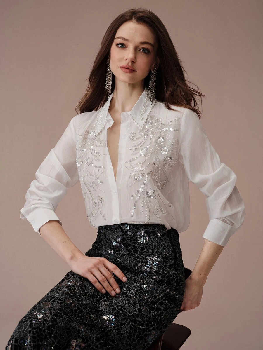 BELROSIE Commuter Design 3D Floral Sequin Applique Embroidered Sheer Casual Elegant Long Sleeve Shirt Bar Party Night Dinner White Floral Summer Wedding - White - View 1