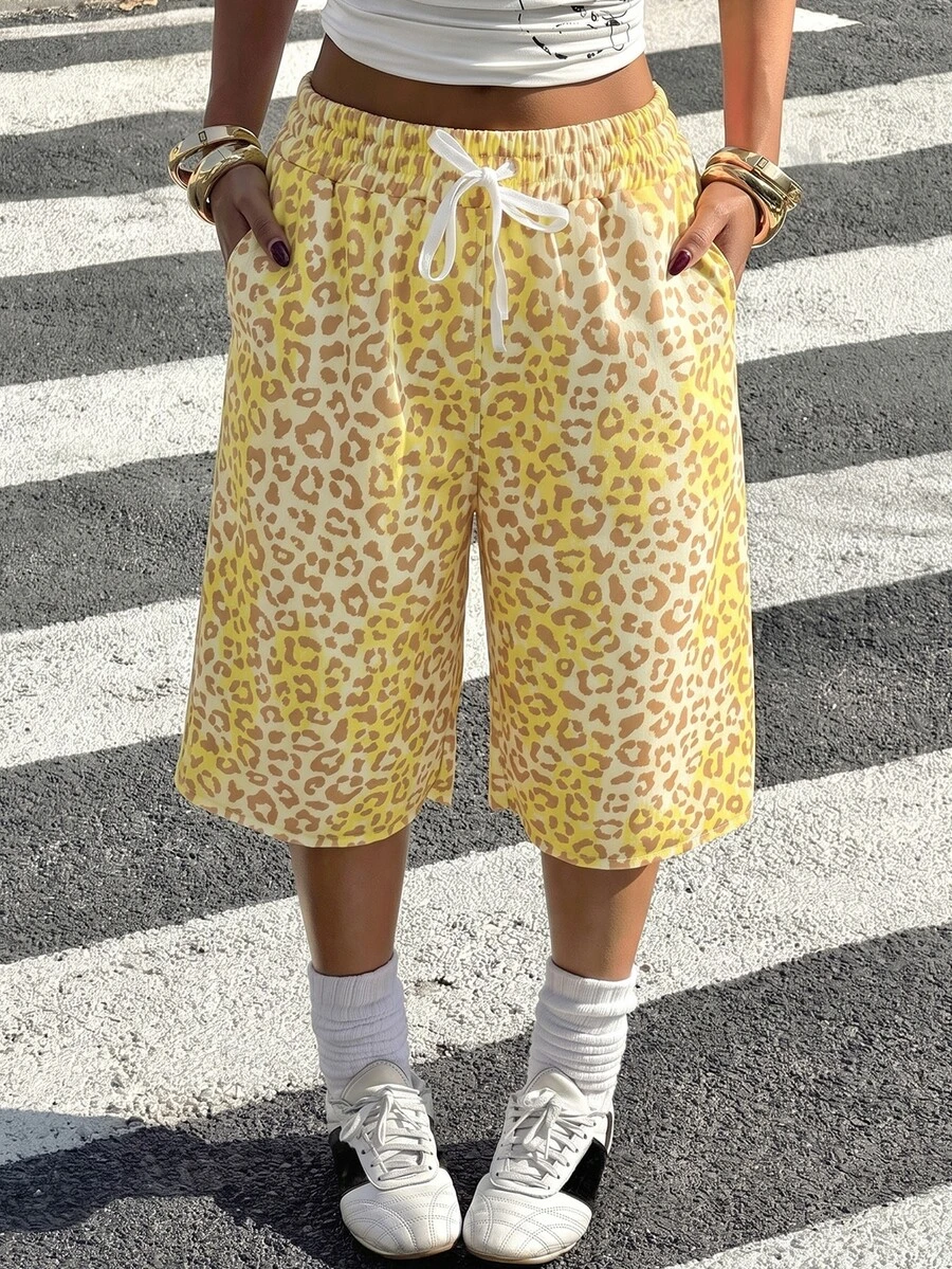 Muchica Spring/Summer New Casual High Street Plus Size Bermuda Shorts, Pink Leopard Print Sweatshirt Fabric, Elastic Waist With Drawstring, Suitable For Daily Wear, Outings, Parties, Music Festivals, Back To School, Graduation, Vacation, Versatile For Outerwear Or Layering - Pale Yellow - View 1