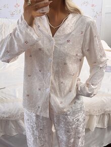 CottageSlumber Women's Cherry Print Gold Rhinestone Velvet Contrast Lace Pajama Set - Apricot - View 4