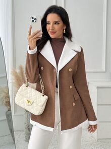 Medorina Jaket Lengan Panjang Kasual Wanita Motif Blok Warna untuk Sehari-hari - Khaki - View 6