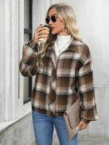 EMERY ROSE Jaket Kotak-kotak Kasual Wanita, Jaket Musim Gugur/Musim Dingin, Pakaian Musim Dingin untuk Wanita - MultiWarna - View 7