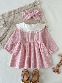 SHEIN 女嬰優雅小圓點彼得潘領蝴蝶結長袖襯衫洋裝，適合春秋外出、拍照、日常穿著與上學 - 粉色 - 查看 2