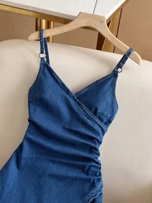 Breezaya 女款素色百褶休閒日常細肩帶牛仔洋裝 - 深色水洗藍 - 查看 7