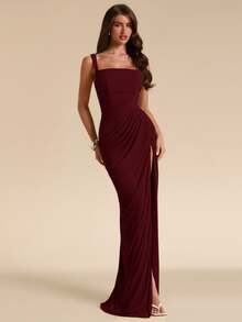 SHEIN BAE Spring/Summer Solid Sage Green Women's Strapless Ruched Fitted High Slit Ruched Maxi Mesh Dress, Tight Elegant Dress, Flowy Dress, Suitable For Vacation, Beach, Bridesmaid, Wedding, Spring/Summer Wear - Burgundy - View 1