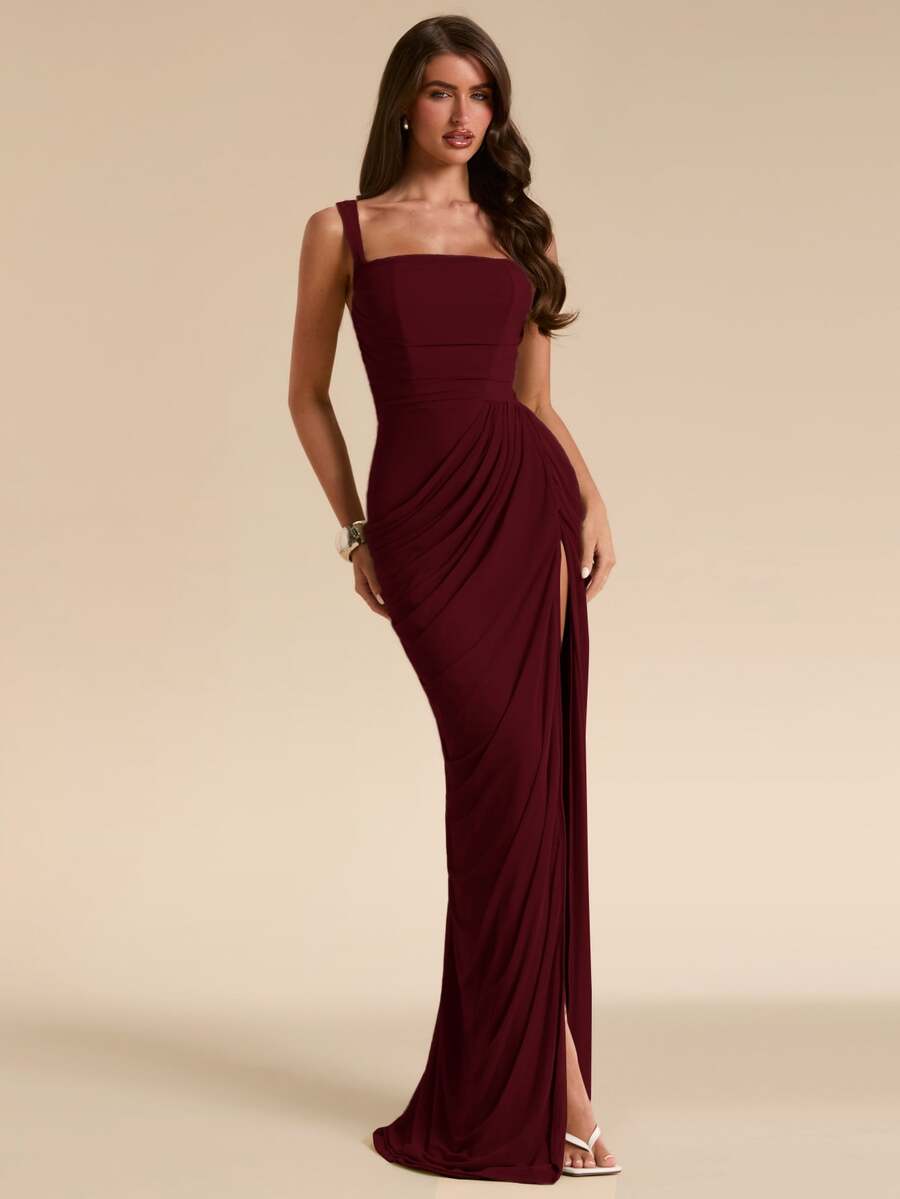 SHEIN BAE Spring/Summer Solid Sage Green Women's Strapless Ruched Fitted High Slit Ruched Maxi Mesh Dress, Tight Elegant Dress, Flowy Dress, Suitable For Vacation, Beach, Bridesmaid, Wedding, Spring/Summer Wear - Burgundy - View 1