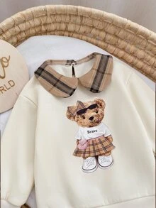 SHEIN Babygirl Cute College Style Casual Cartoon Pattern Collared Autumn Winter Dress - White - View 9