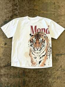 IslaSuriya Plus Size Men's Letter & Tiger Print Short Sleeve Casual T-Shirt - Multicolor - View 1