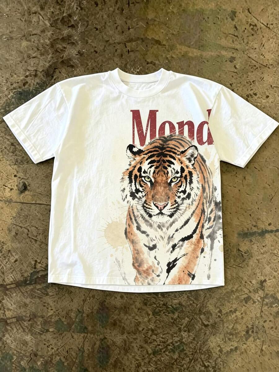 IslaSuriya Plus Size Men's Letter & Tiger Print Short Sleeve Casual T-Shirt - Multicolor - View 1