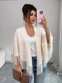 SHEIN Elenzya Jubah Syal Rajut Rumbai Putih Depan Terbuka untuk Wanita, Kardigan untuk Liburan Musim Gugur Gaya Boho - Aprikot - View 5