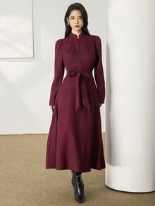 Heiryn Women's Solid Color Waist Tie Casual Party Mid-Length Dress - Burgundy - View 5