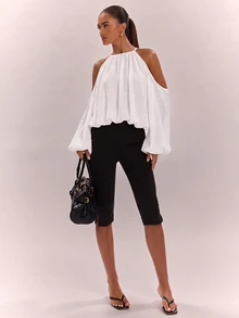 SHEIN BAE 女款純色露肩休閒百搭日常穿著襯衫 - 白色 - 查看 6
