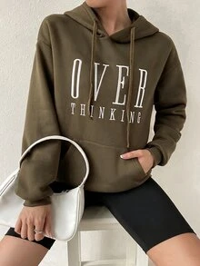 SHEIN 女款字母印花抽繩連帽休閒日常長袖運動衫 - 橄欖綠 - 查看 5