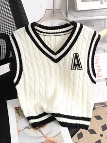 SHEIN 青少年女孩秋冬休閒法式學院風白色對比條紋紋理提花套頭針織背心，適合搭配白襯衫，適合返校與日常穿著 - 黑與白 - 查看 1