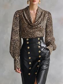SHEIN Elegant Women's Blouses Leopard Print Puff Long Sleeve Shirts, Ruched Collar, French Vintage Autumn Fall Office Going Out Dinner/Date/Party Beige - Multicolor - View 2