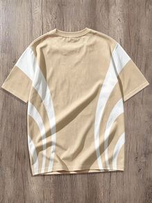 Daypath Minimalist Colorblock Dynamic Striped Crew Neck Short Sleeve T-Shirt, Dynamic Stripes Ignite Fashion Inspiration, Simple Khaki Tone, Unlock Summer Street Style Code, Suitable For Daily Casual, Weekend Outdoor Social - Apricot - View 3