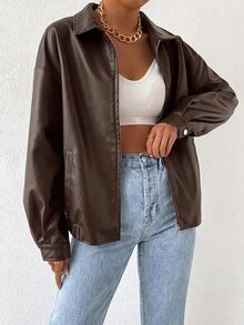 SHEIN EZwear Drop Shoulder Zip Up PU Cropped Leather Jacket In Fall/Winter - Coffee Brown - View 4