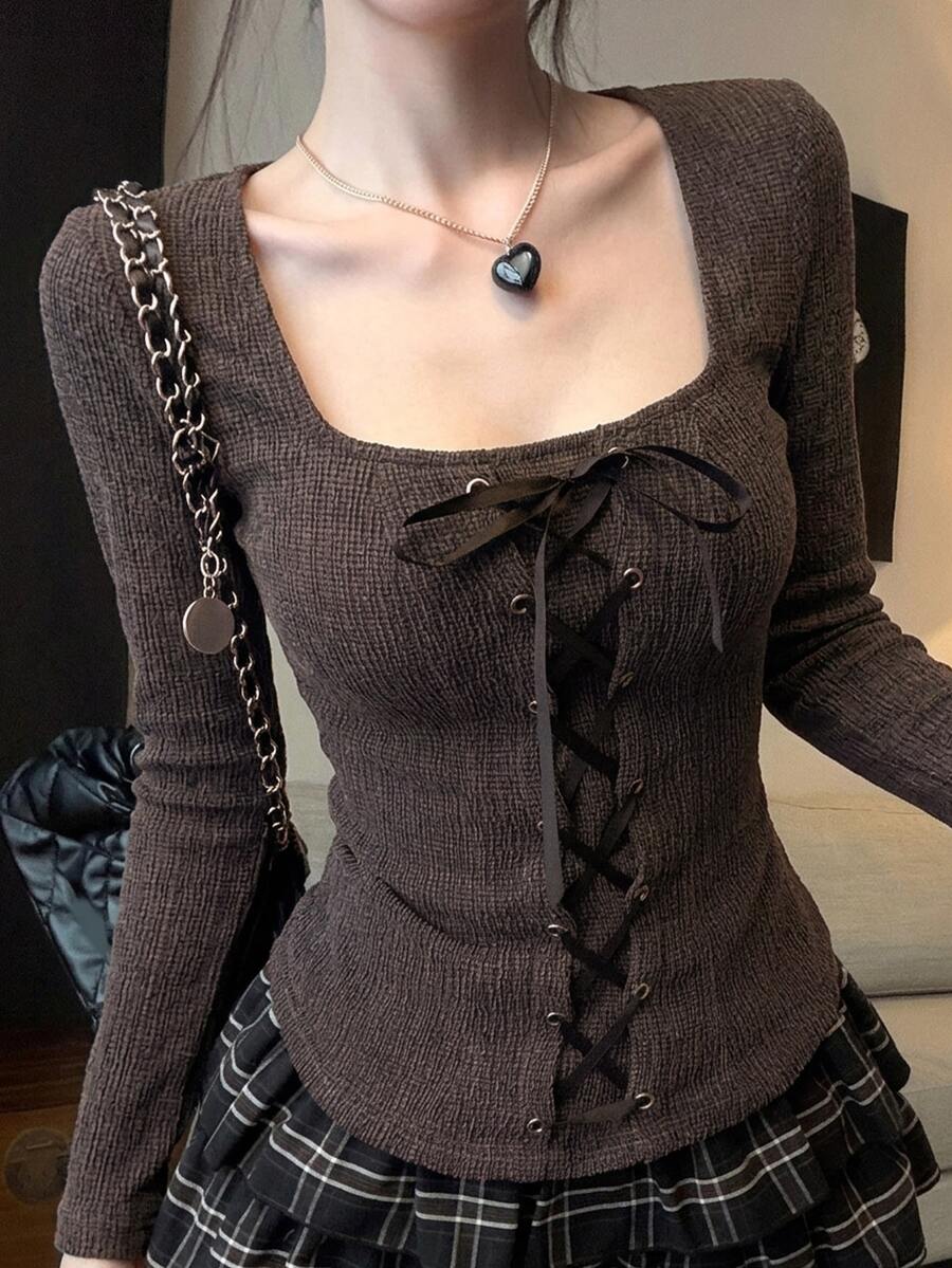 DAZY 春夏棕色拼接綁帶前襟修身方領優雅長袖女款T恤，適合婚禮時尚派對音樂節 - 棕色 - 查看 1