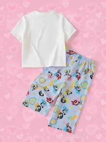 THE POWERPUFF GIRLS X SHEIN Baby Girl Cartoon Print T-Shirt And Pants Set - White - View 2