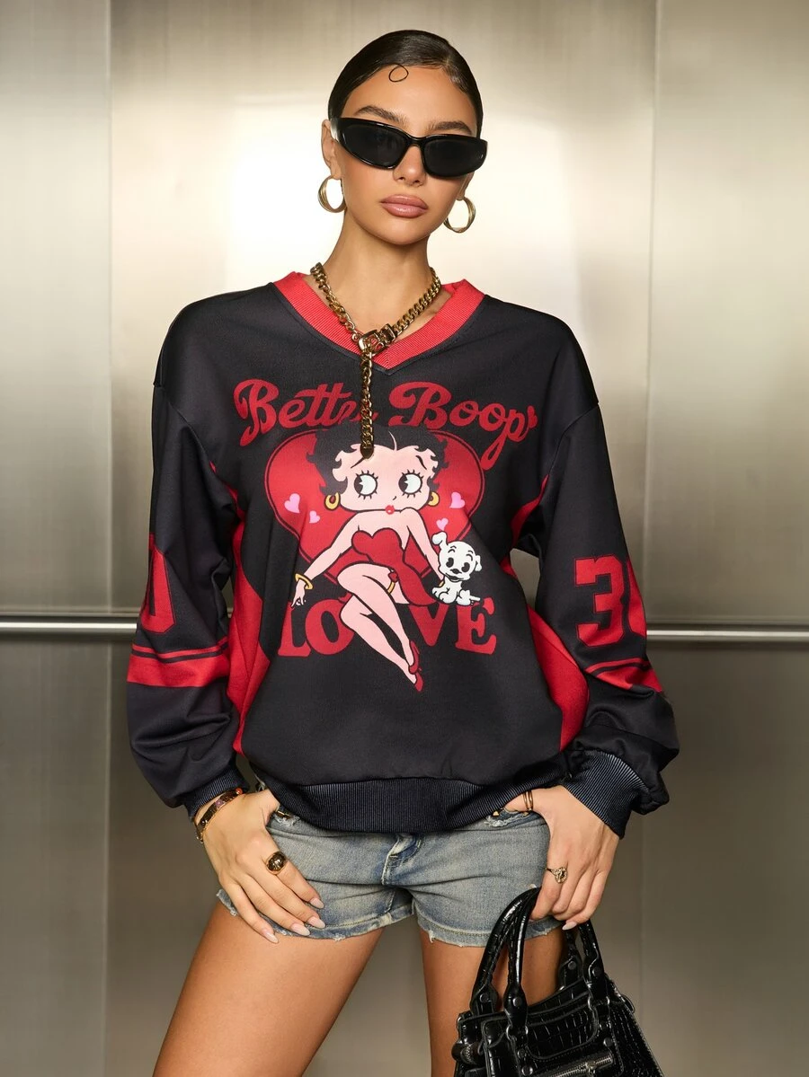 Betty Boop x SHEIN Sudadera de manga larga casual de uso diario con estampado de letras y dibujos animados para mujer - Negro - Ver 1