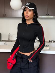 Muchica Women's Black Slim Fit Hooded Contrast Red Side Stripes Full Zip Stretch Sports Jacket Breathable Running Training Outdoor Activewear Outerwear Top - Black - View 2