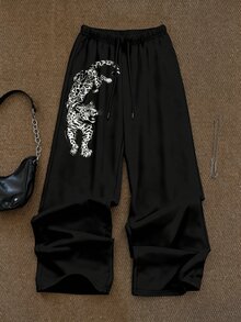 Attitoon Vintage Style Tiger Print Casual Minimalist Plus Size Sweatpants - Black - View 4