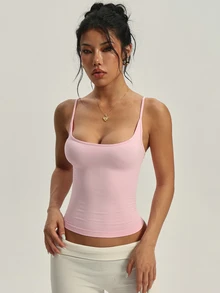 SHEIN Dewbera 女款無縫瑜伽運動背心，露背細肩帶設計 - 粉色 - 查看 5