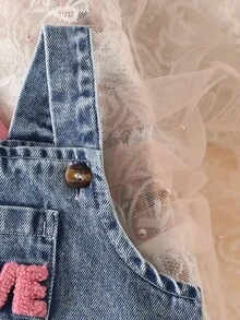 SHEIN 嬰兒女童純色套頭長袖上衣與3D兔子裝飾無袖吊帶連身褲T恤套裝 - 粉色 - 查看 6