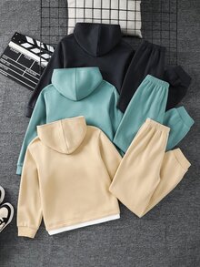 SHEIN 大童男孩純色連帽長袖衛衣與運動長褲休閒日常6件套 - 彩色 - 查看 2