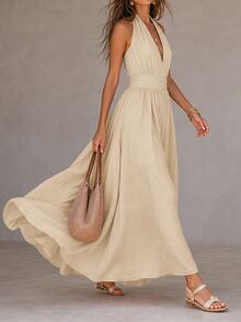 Solivie Women's Solid Color Pleated Casual Party Summer Dress - Apricot - View 3