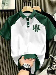 Manfinity Hypemode 男士美式復古做舊牛仔效果對比色 NY 字母印花 Polo 衫，成熟休閒上衣，適合日常通勤與夏季休閒穿著，正式老錢風 - 彩色 - 查看 3