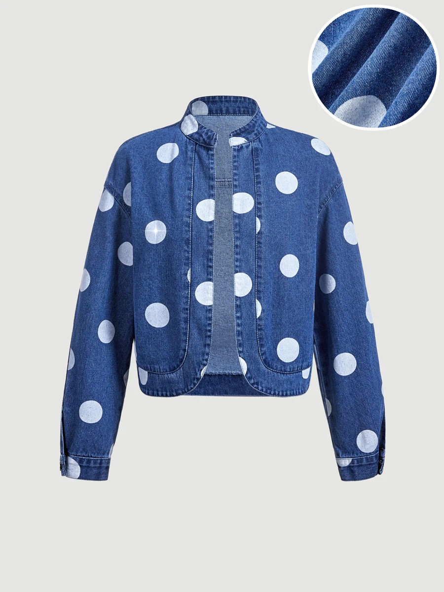 Sweetra Atasan Denim Kasual Wanita Motif Polkadot untuk Sehari-hari - Biru - View 1