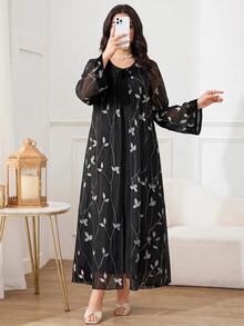Al Najma 女款優雅刺繡網紗阿拉伯風洋裝 - 黑色 - 查看 6