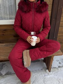Muchica 白色人造毛帽加厚女款連身褲，適合秋冬雪地玩樂 - 酒紅色 - 查看 6
